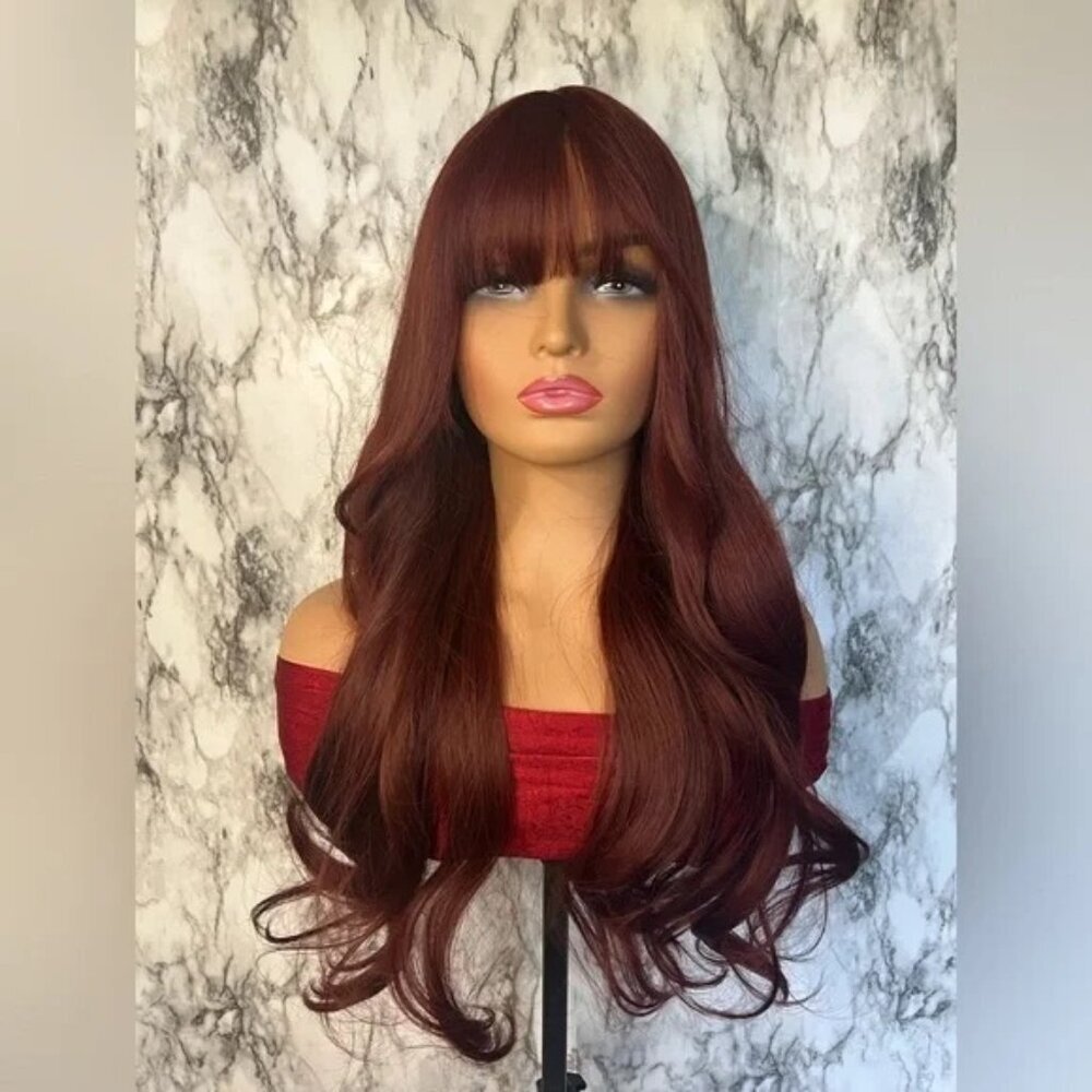 Burgundy Red Long Wavy Wig with Bangs Natural Realistic Hair look - Picture 2 of 14